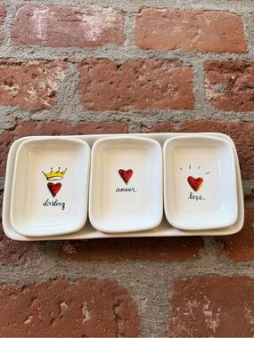 RAE DUNN "darling amour love" Platter Tray 4 Piece Heart Set Valentines Wedding